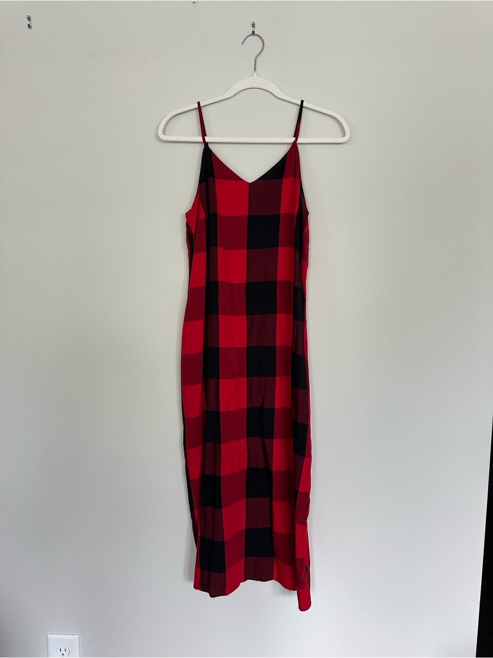 Old Navy Red and Black Plaid Midi Slip Dress